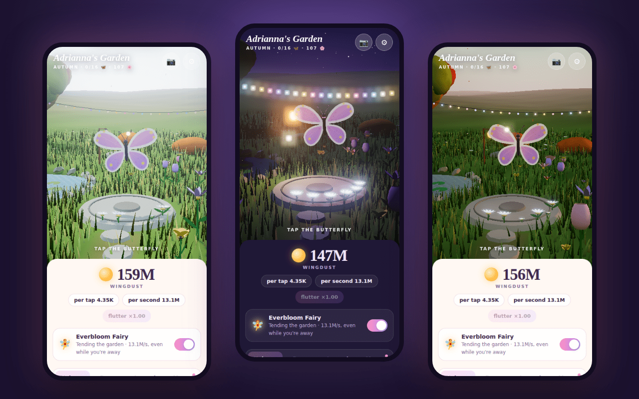 Flutterbloom on a phone: the 3D garden by day, under fairy lights at night, and at dusk