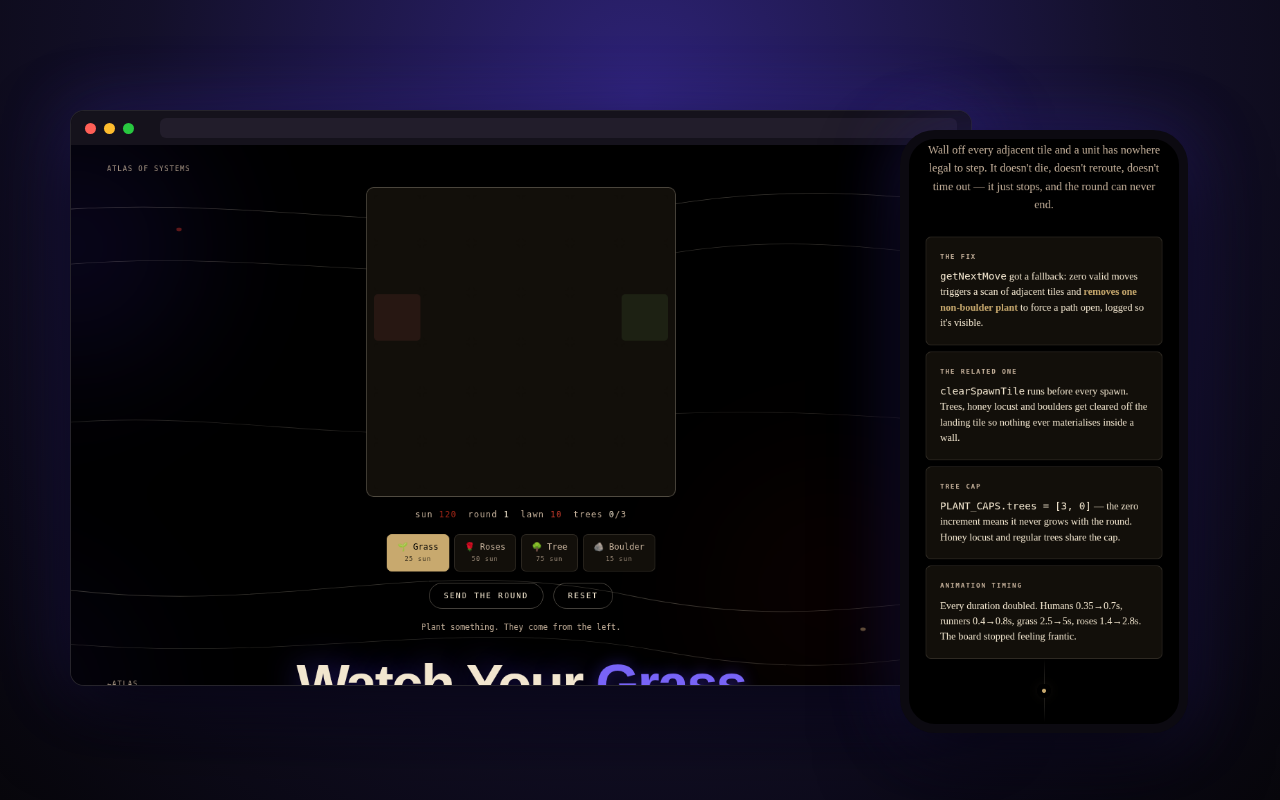 Watch Your Grass — a look inside, on desktop and phone